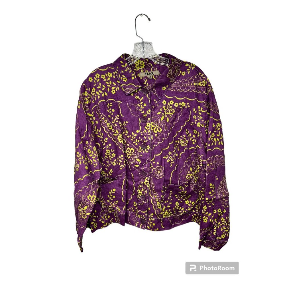 FLAX Vintage 1G (18/20) Linen Purple Paisley Button Down Unlined Jacket